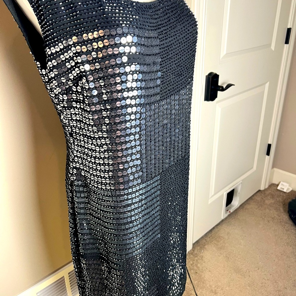 Adrianna Papell designer cocktail/NYE dress. Black and black sequence.